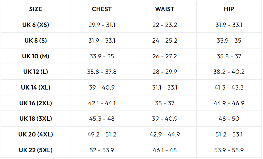 Size guide (inches)