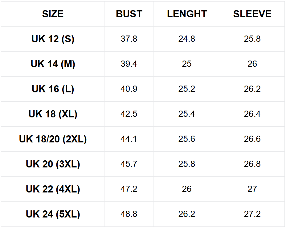 Size guide (inches)
