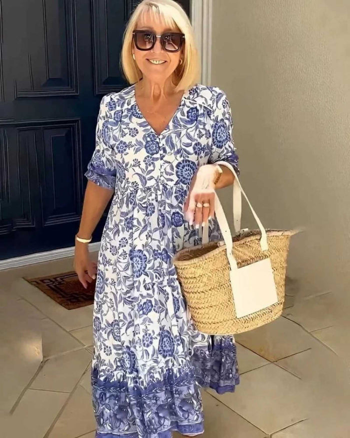 Sofia – Elegant Blue Floral Midi Dress