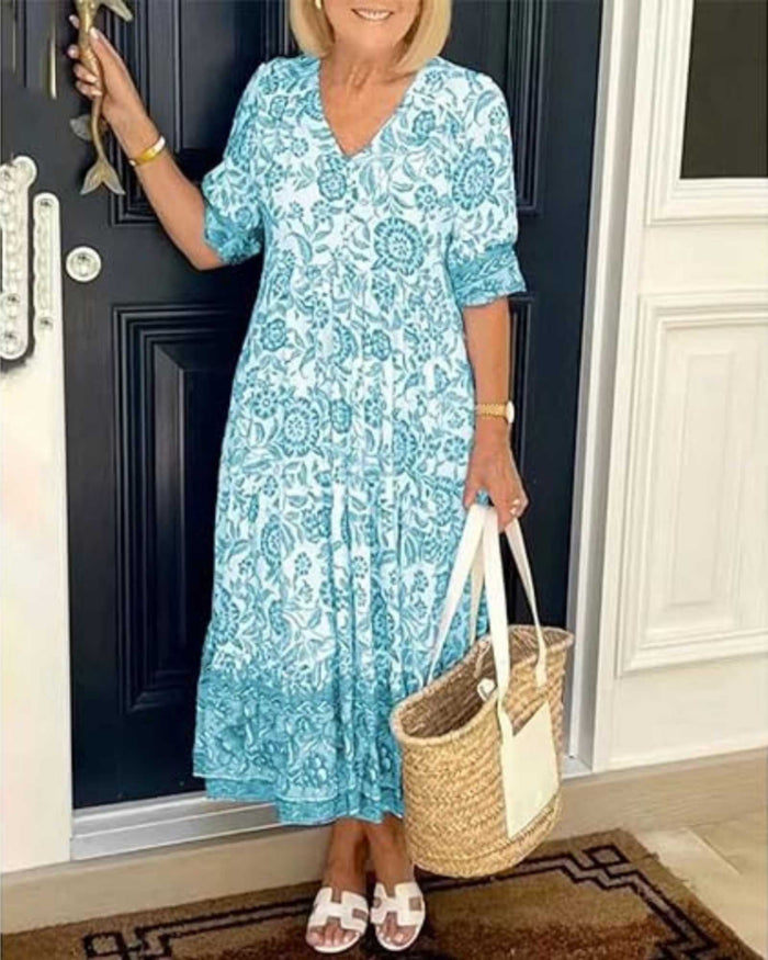 Sofia – Elegant Blue Floral Midi Dress