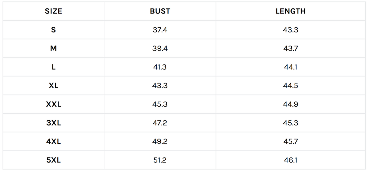 Size guide (inches)