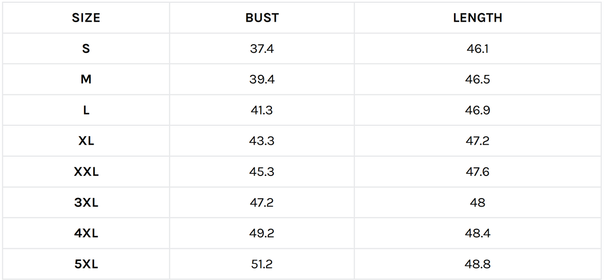 Size guide (inches)