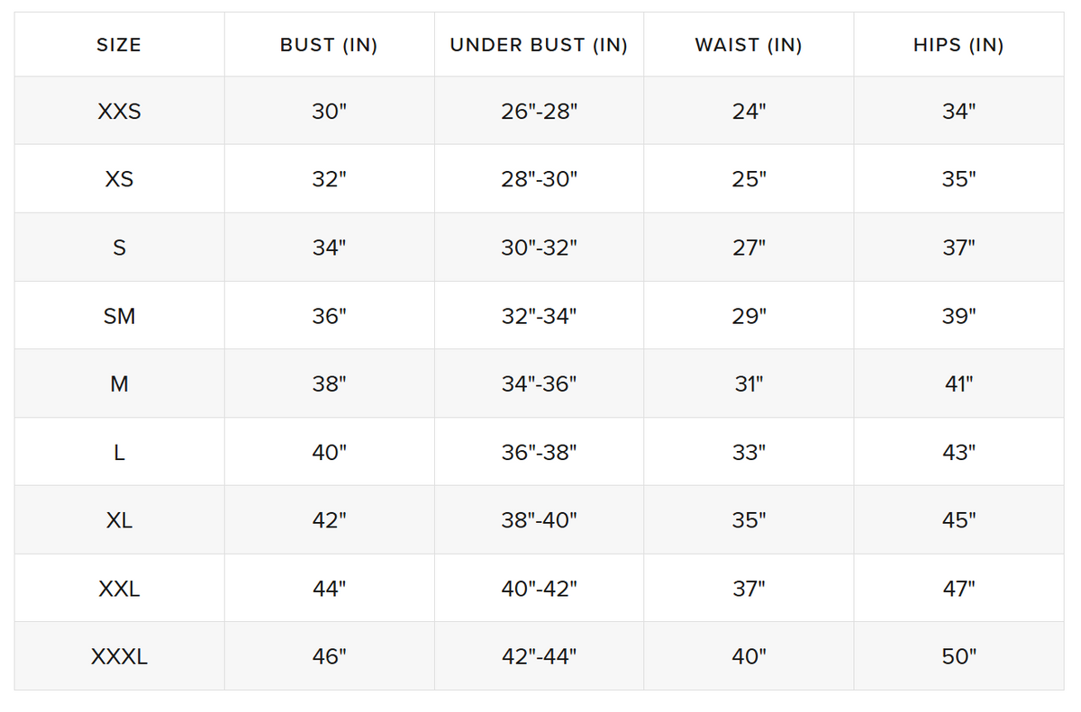 Size guide (inches)