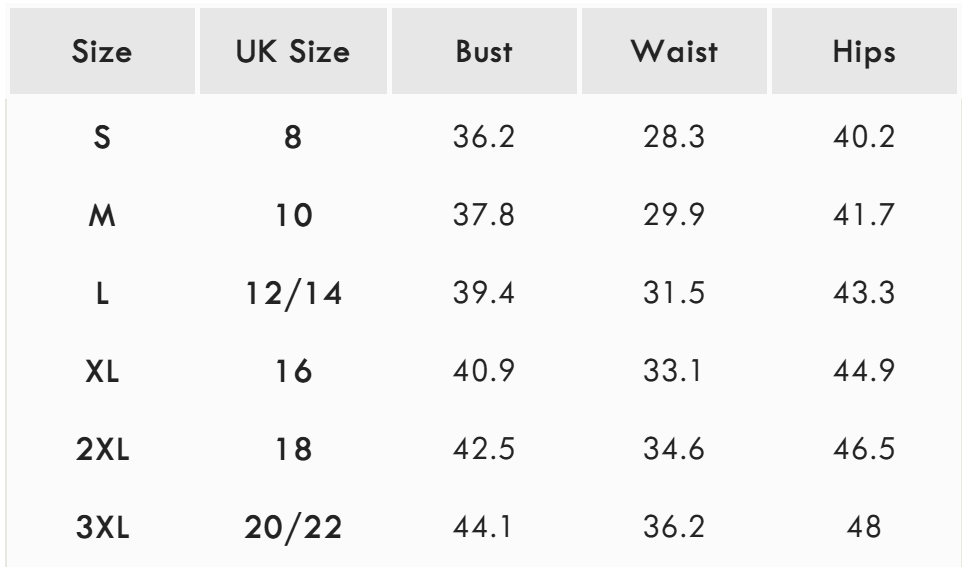 Size guide (inches)