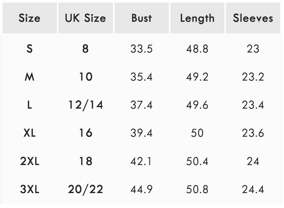 Size guide (inches)