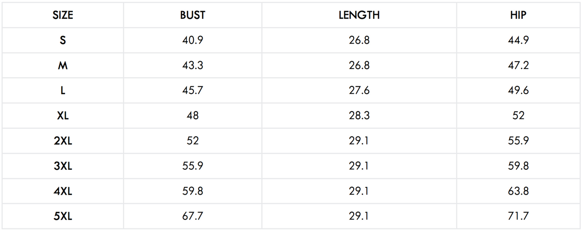 Size guide (inches)