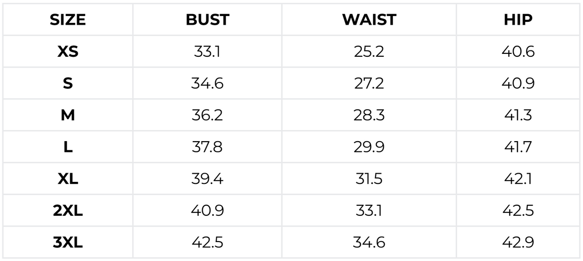 Size guide (inches)