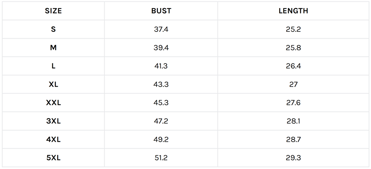 Size guide (inches)