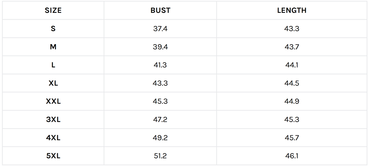 Size guide (inches)