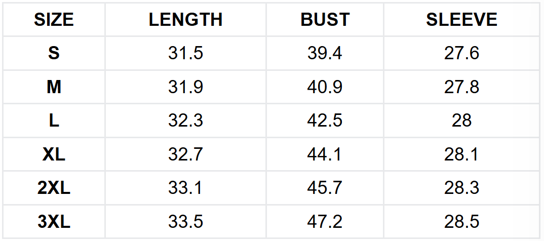 Size guide (inches)