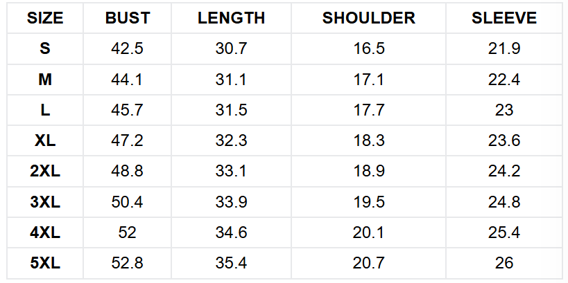 Size guide (inches)