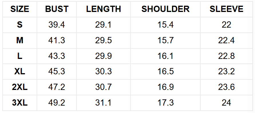 Size guide (inches)