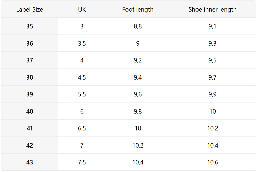Size guide (inches)