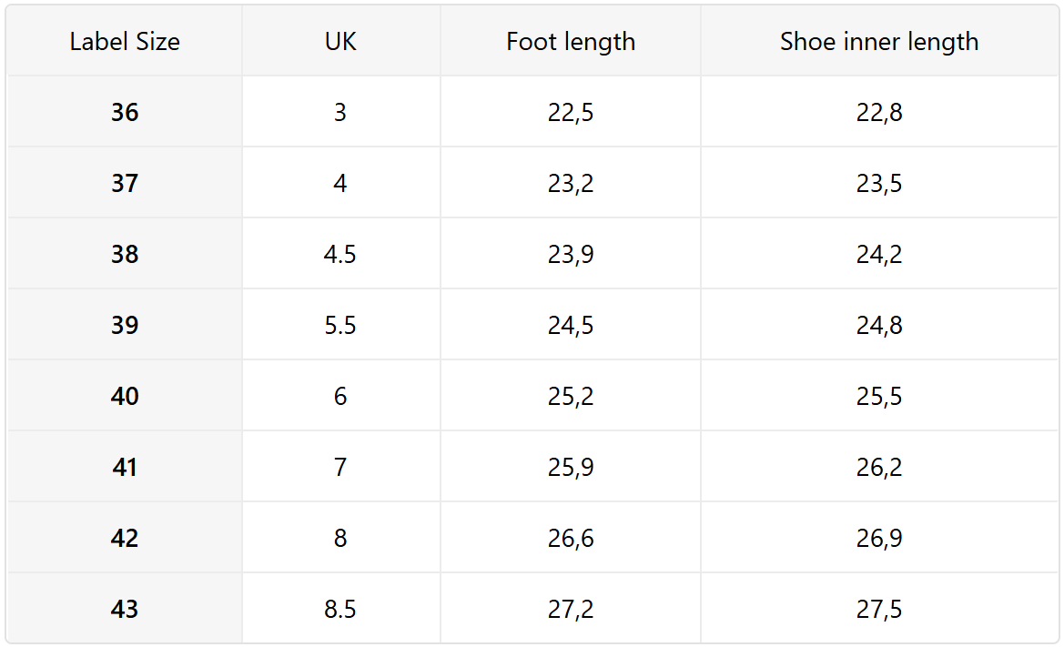 Size guide (cm)