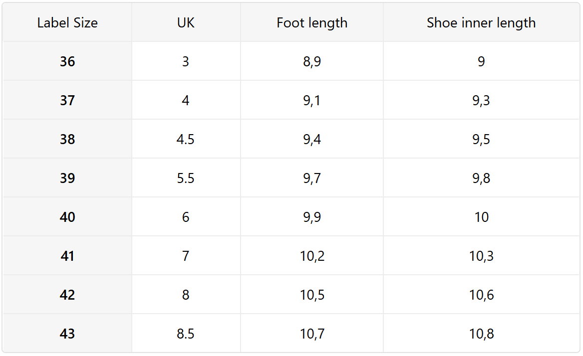 Size guide (inches)