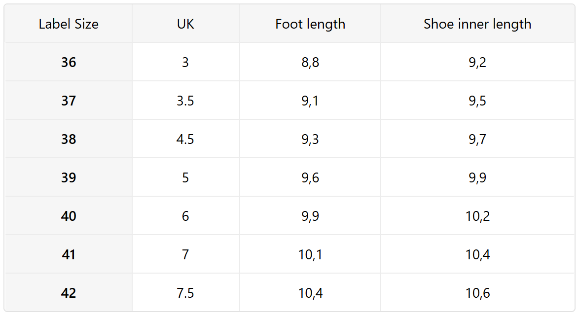 Size guide (inches)