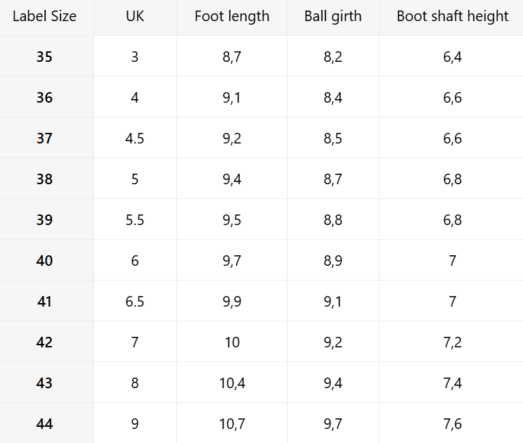 Size guide (inches)