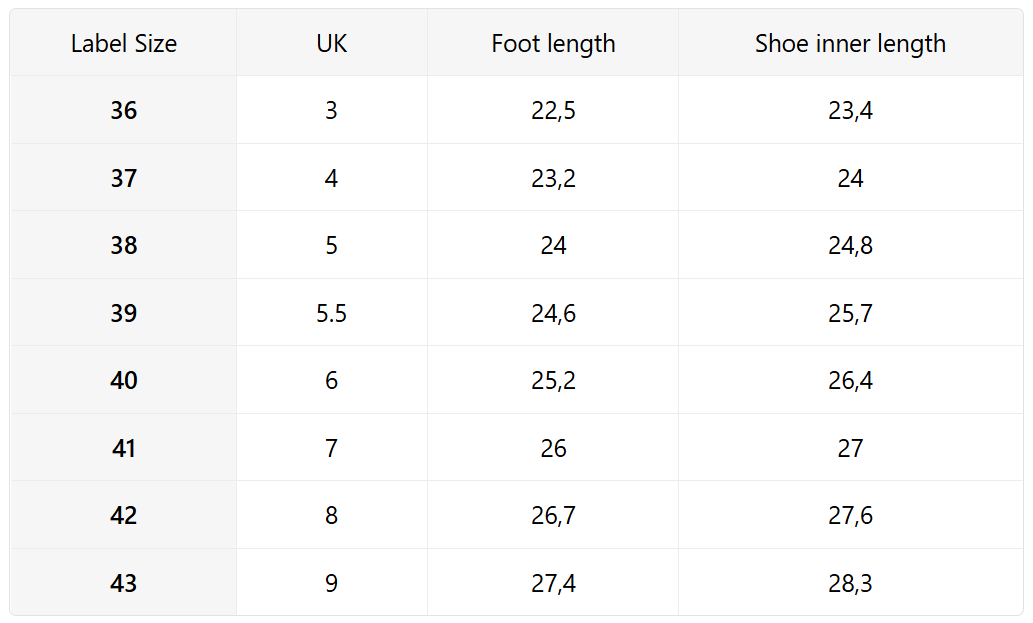 Size guide (cm)