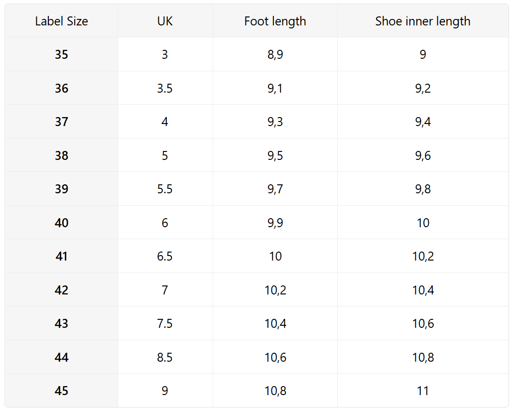 Size guide (inches)
