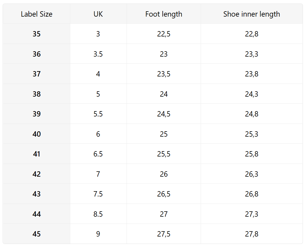 Size guide (cm)
