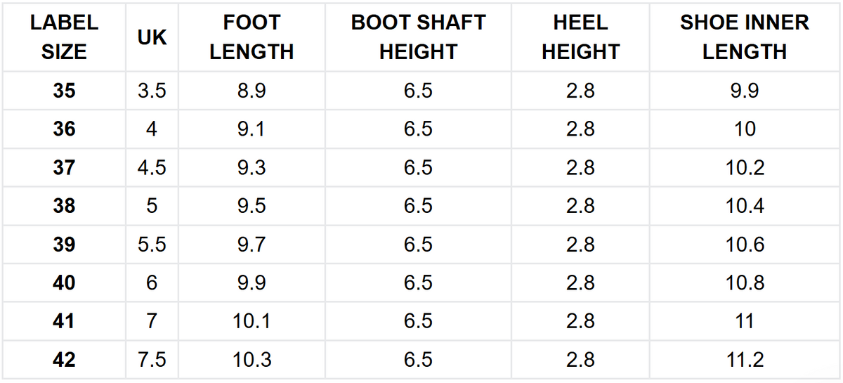 Size guide (inches)