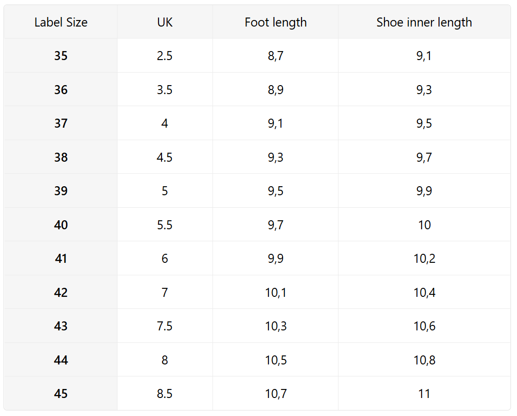 Size guide (inches)