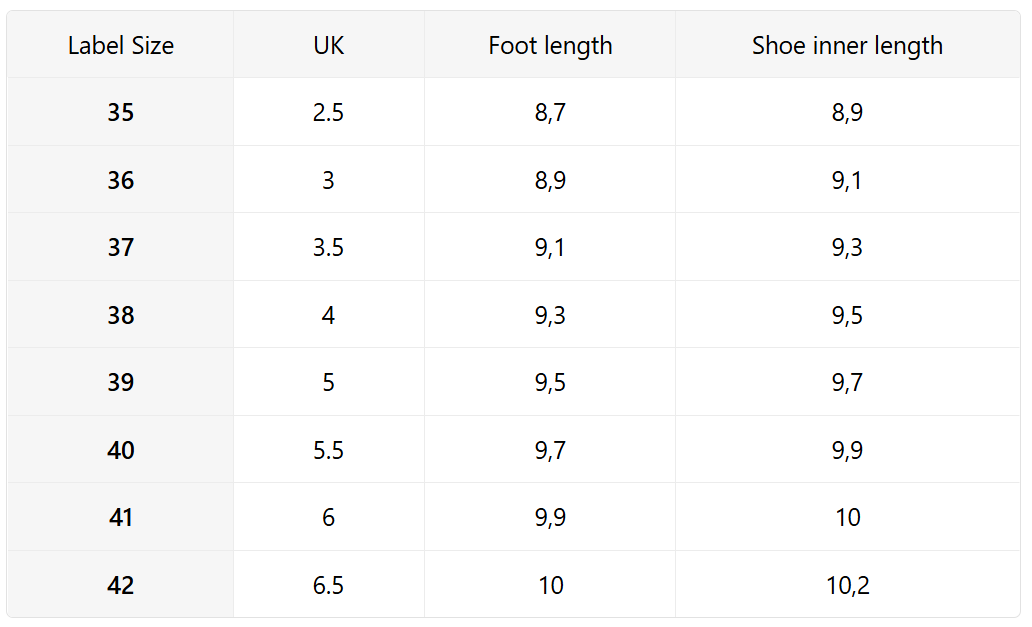Size guide (inches)