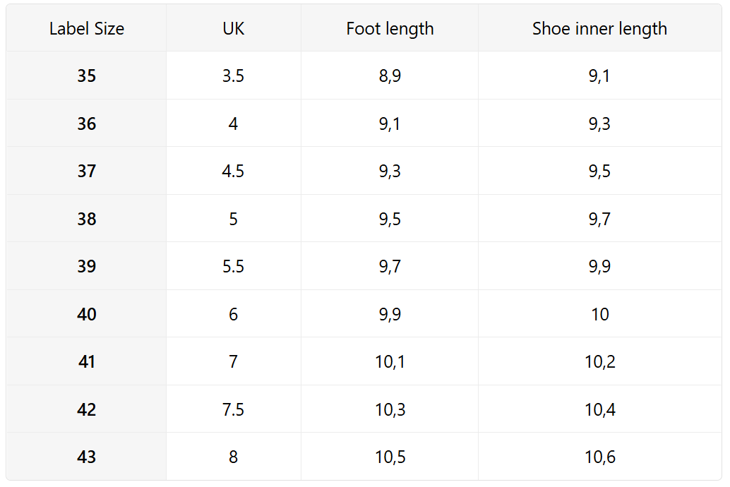 Size guide (inches)