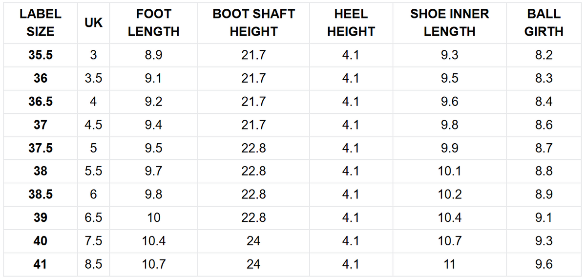 Size guide (inches)